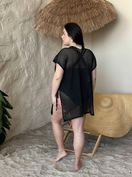Пляжная туника женская большого размера накидка на купальник PLUS SIZE ажурная короткая свободного кроя черная Одесса - изображение 8