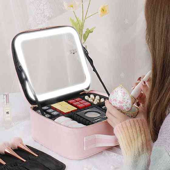Косметичка дорожня з LED дзеркалом (26х23х11см), Рожева / Косметичка з дзеркалом і підсвічуванням / Кейс косметичка Київ