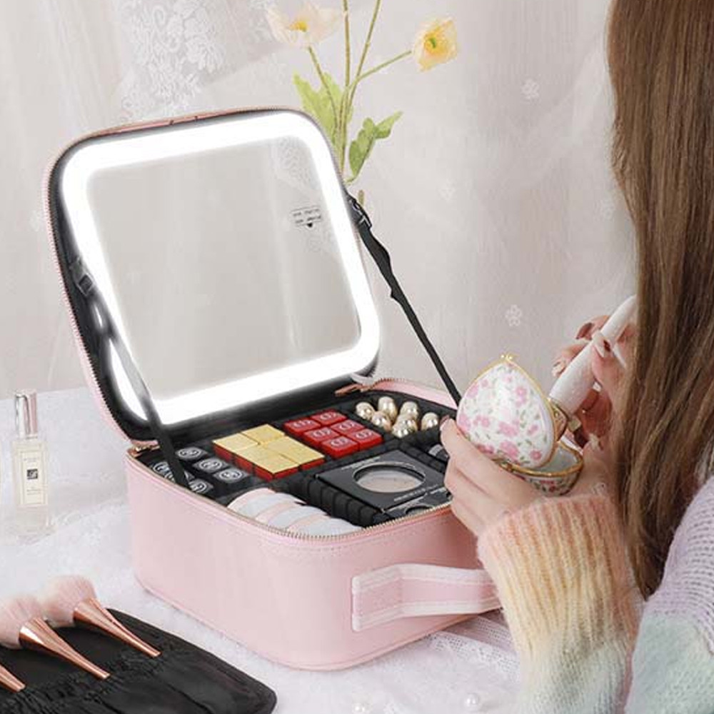 Косметичка дорожня з LED дзеркалом (26х23х11см), Рожева / Косметичка з дзеркалом і підсвічуванням / Кейс косметичка Київ - фото 6