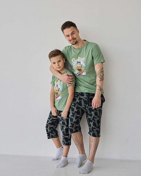 Подростковый комплект с шортами на мальчика Tom John - Мишка на серфе - Family look папа/сын 89900 14-15, Хаки Киев - изображение 4