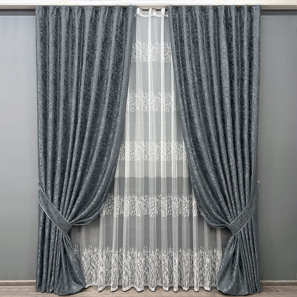 Комплект штор VR-Textil Льон Мармур 200х270 2шт і Тюль 500х270 1262ш-1675т Графітовий з білим 71-166/6 Київ - фото 1