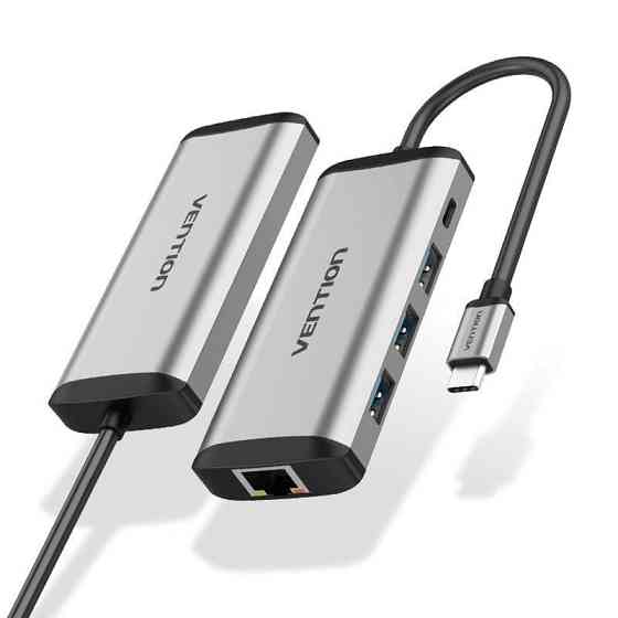 Концентратор Vention USB-C 3-Port, RJ-45, PD, 0.15 м (TGDHB) сріблястий з чорним Харків