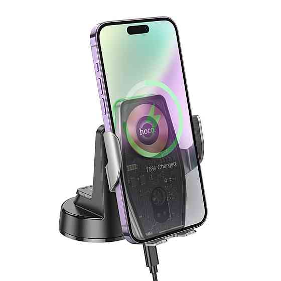 Тримач для мобільного з БЗП HOCO HW27 Traveler infrared RGB wireless fast charging car holder(center console) Black metal gray (6942007626361) Київ