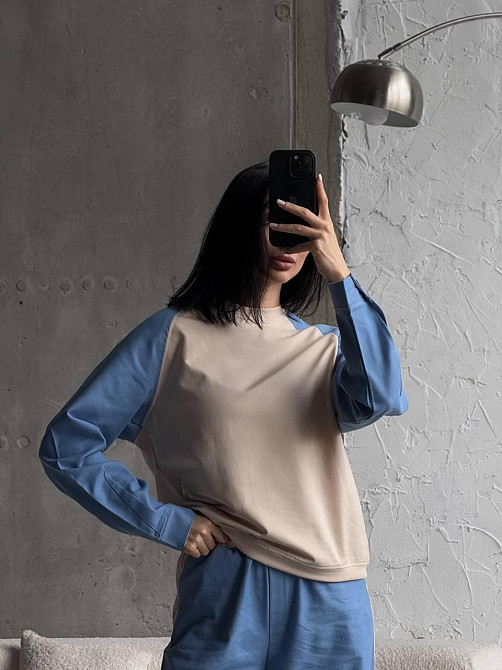 Жіночий ефектний комбінований костюм-двійка: кофта та штани джинс-котон + турецька двонитка Блакитний, 42/44 Одеса - фото 5