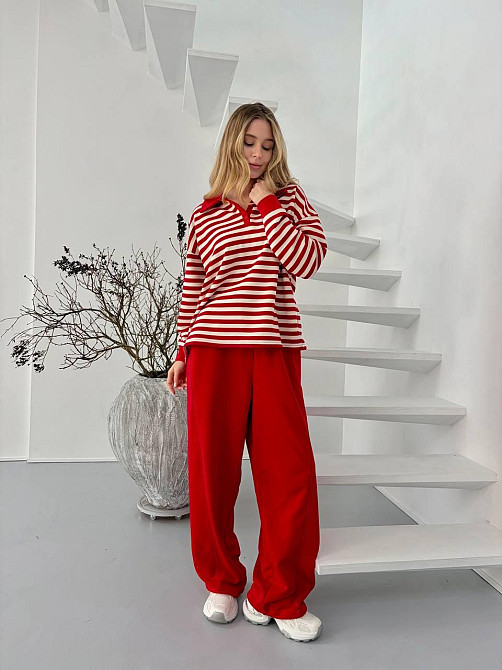 Женский стильный повседневный костюм поло на пуговицах, брюки палаццо тринитка. Одесса - изображение 2