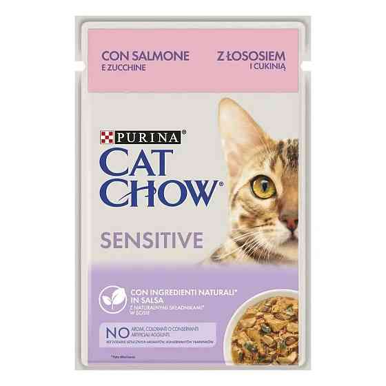 Вологий корм CAT CHOW Sensitive для дорослих котів із чутливою системою травлення, шматочки у підливці, з лососем та цукіні, 85 г Київ