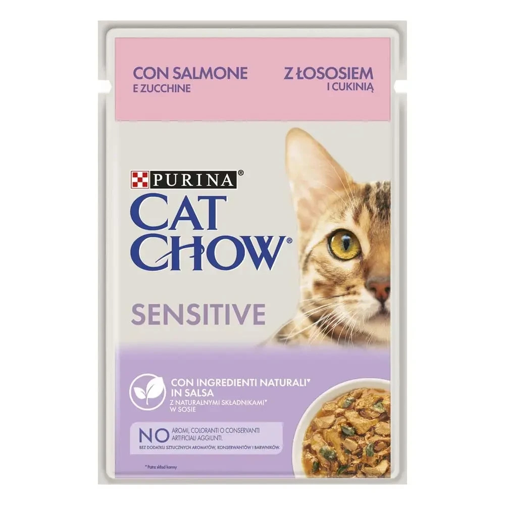 Вологий корм CAT CHOW Sensitive для дорослих котів із чутливою системою травлення, шматочки у підливці, з лососем та цукіні, 85 г Київ - фото 1