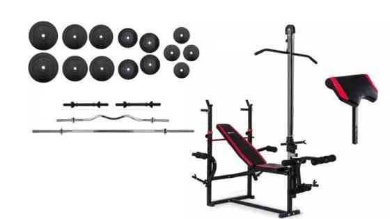 Скамья для жима с тягой + 4 грифа + 100 кг блинов Гантели, гири, штанги и диски АВС пластик комплект Киев