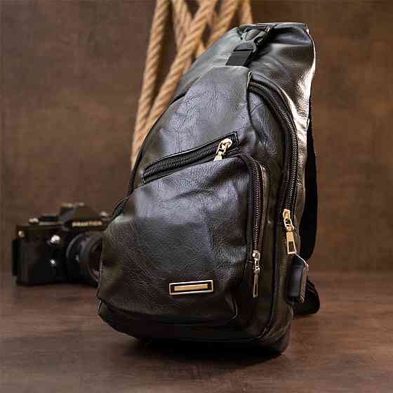 Сумка крос боді з емблемою зі шкірозамінника Vintage 20568 Чорна Київ