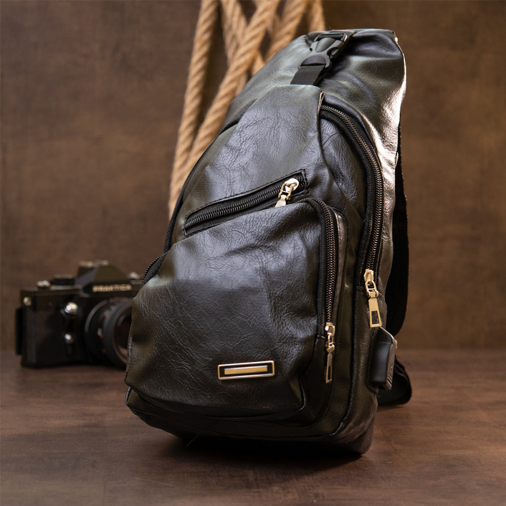 Сумка кросс боди с эмблемой из кожзама Vintage 20568 Черная Киев - изображение 2