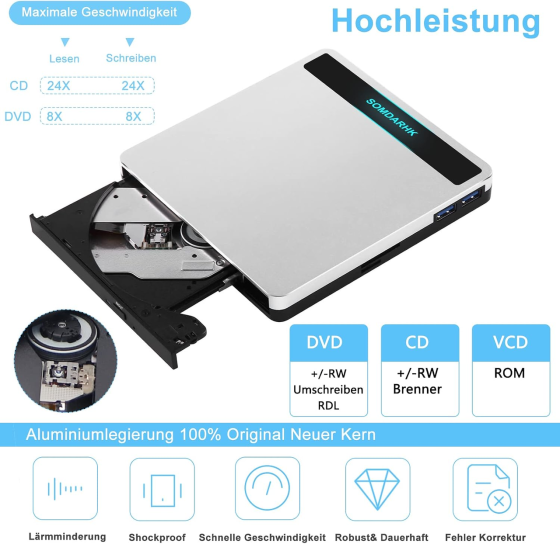 Зовнішній DVD-RW привід COMDARHC 5 в 1 USB 3.0/Type-C, CD/DVD рекордер, кардридер SD/TF, 2 USB-порти, алюмінієвий корпус, сумка Київ