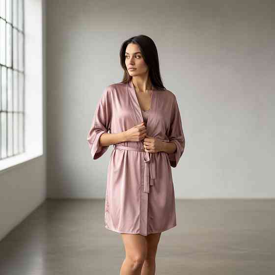 Халат женский шелковый под пояс длина 90см Пудровый M/L Харьков