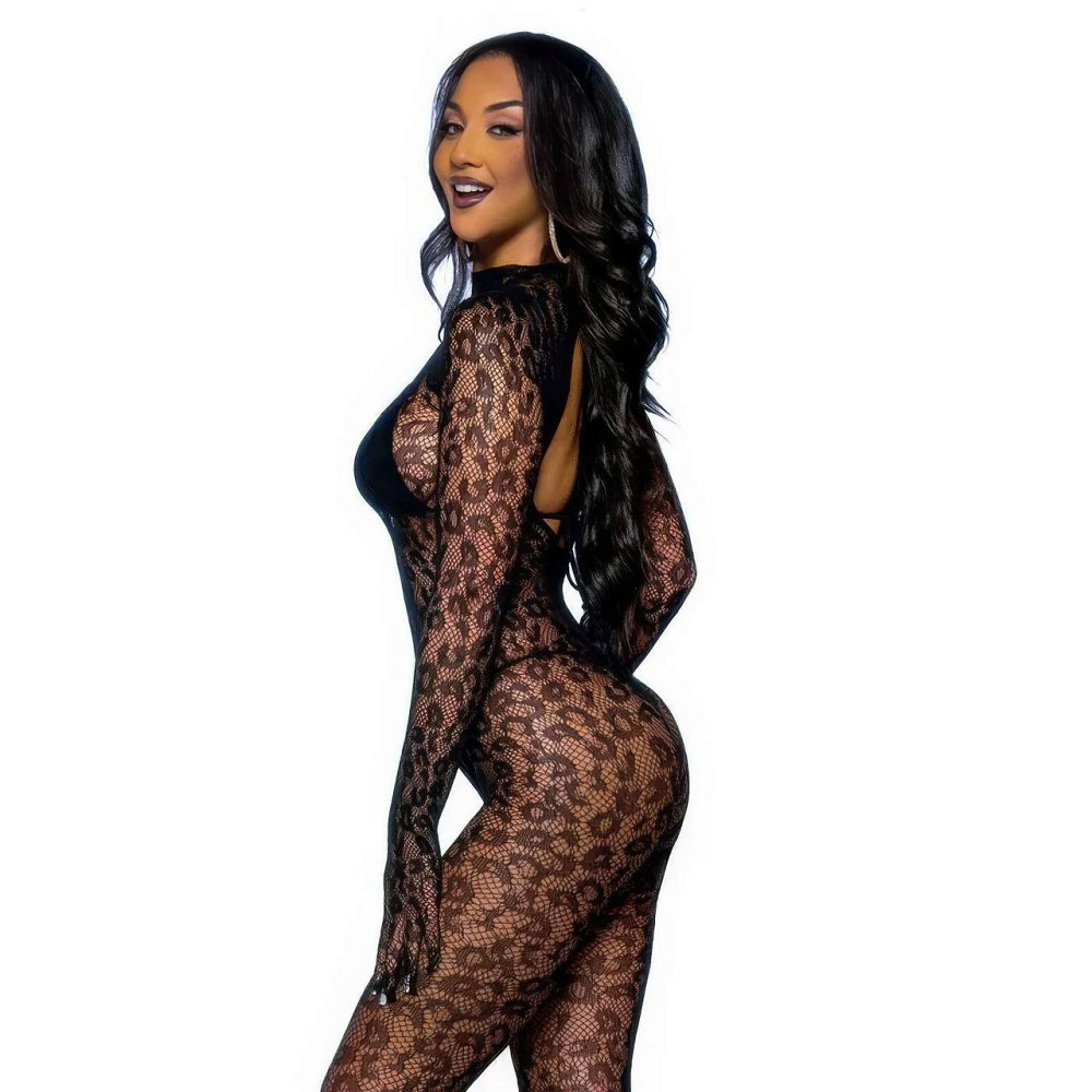 Комбінезон-боді безшовний леопардовий з мережива з довгими рукавами з відкритою спиною XS/S/M Чорний Вінниця - фото 5