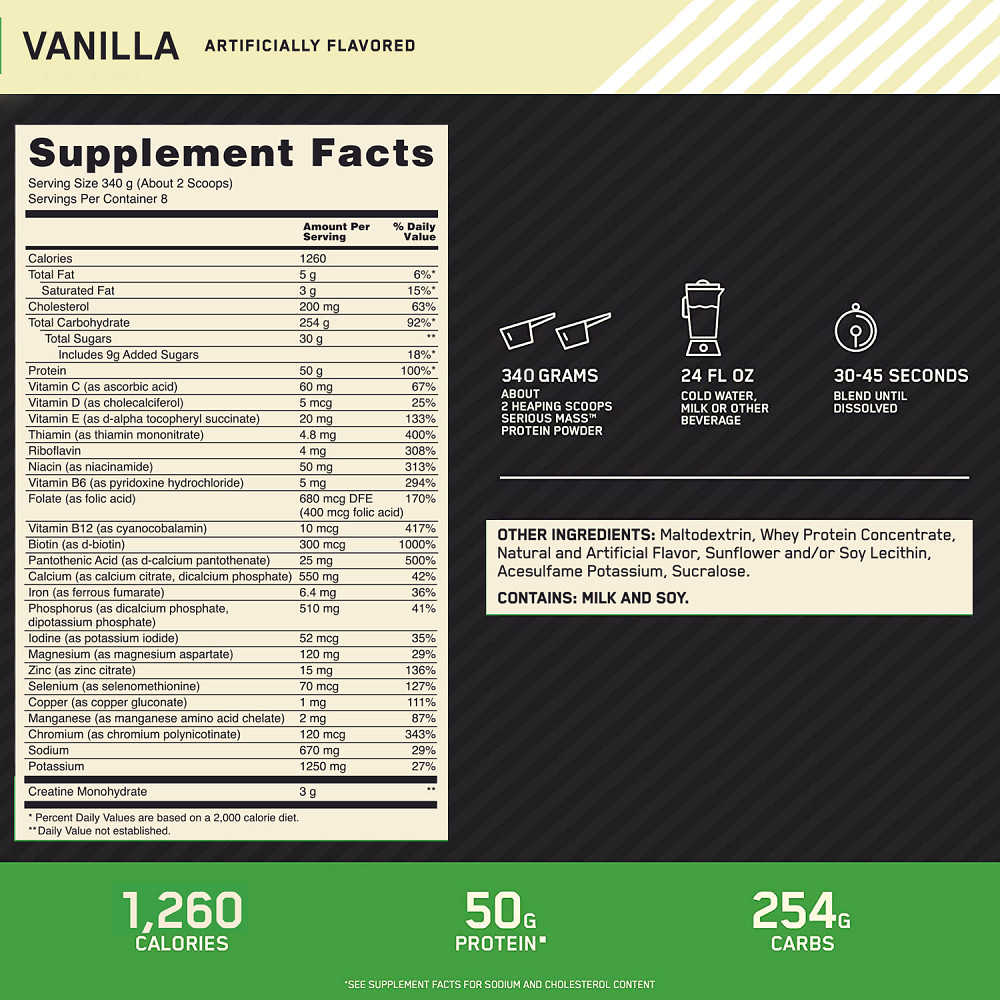 Гейнер Optimum Nutrition EU Serious Mass 2727 g (Vanilla) Луцьк - фото 2