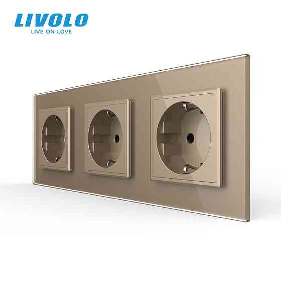 LIVOLO Потрійна електрична розетка з заземленням LIVOLO, золота, скляна рамка, шторки, 250В 16А Коломыя