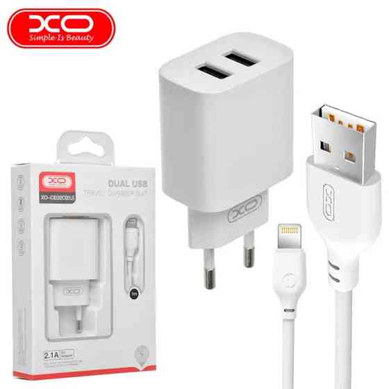Сетевое зарядное устройство XO CE02C на 2USB 2.1A Белый + Кабель Lightning Каменец-Подольский
