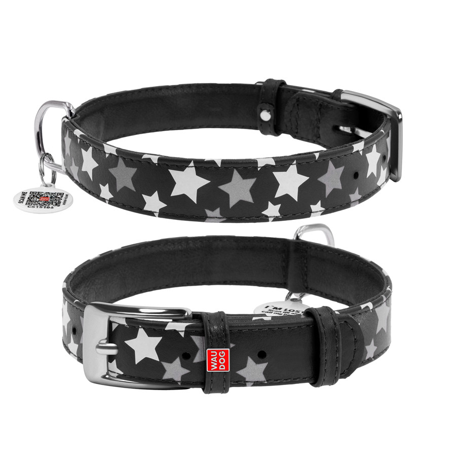 Нашийник для собак шкіряний WAUDOG Glamour з QR паспортом, візерунок "Зірочка", світлонакопичув Коломия - фото 3