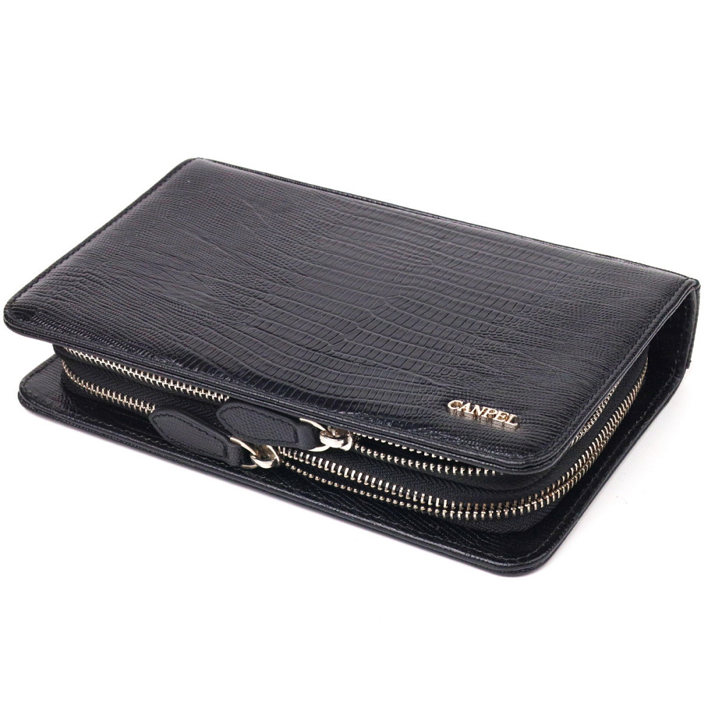 Необычная мужская барсетка на два отделения из натуральной фактурной кожи с тиснением под рептилию CANPELLINI 21571 Черная Киев - изображение 5