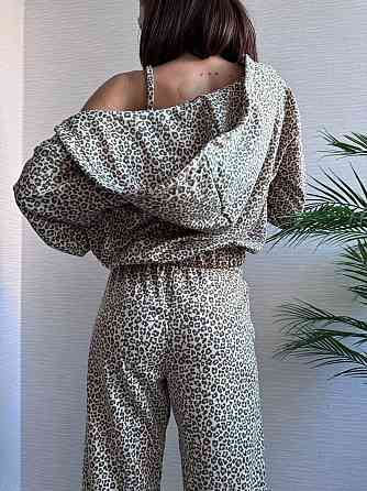 Жіночий леопардовий костюм-трійка з подвійним капюшоном двонитка Беж, 46/48 Одеса
