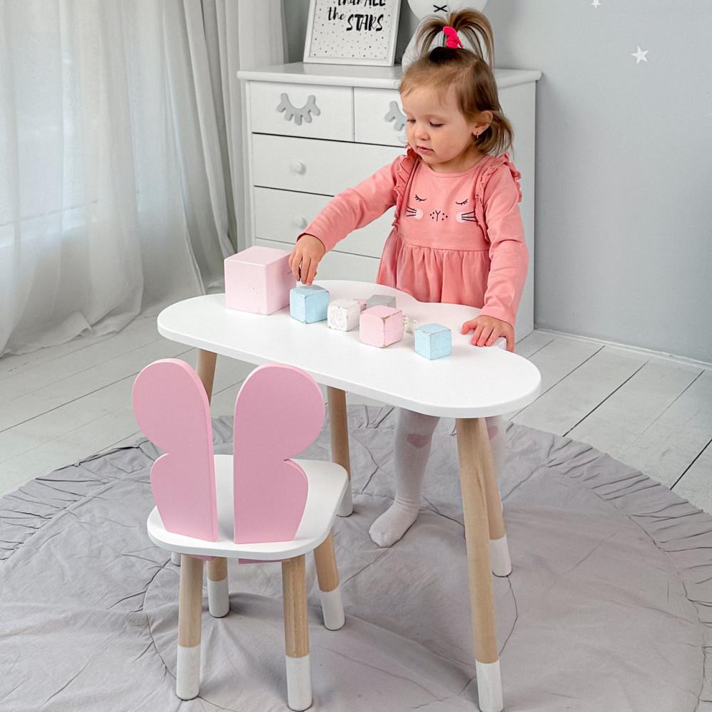 Дитячий столик хмара 46х70х40 і стілець метелик 26х26х26, стільчик та стіл для навчання та творчості, білий з рожевим Київ - фото 2