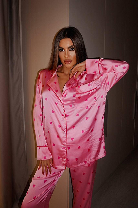 Жіноча піжама двійка з сердечками з шовку армані. Малиновий, 44/46 Одеса - фото 7