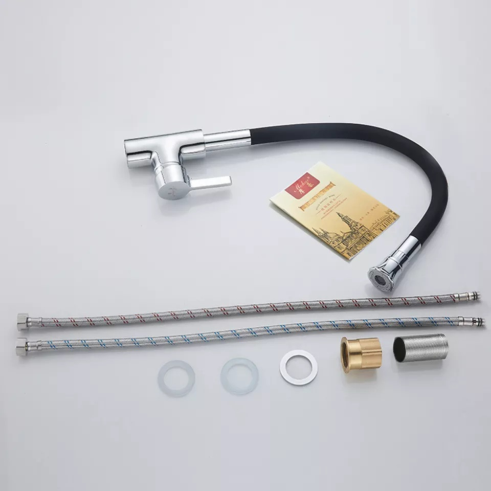 Смеситель кухонный с гибким изливом, однорычажный кран для раковины с аэратором WanFan Черный-Хром Каменец-Подольский - изображение 4