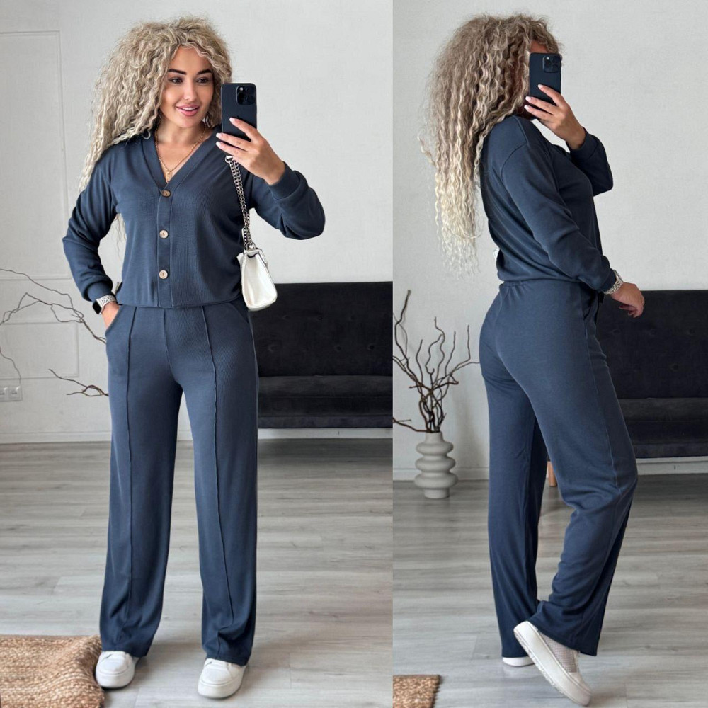 Женский стильный повседневный костюм двойка: кардиган на пуговицах + брюки трикотажный рубчик Графит, 46/48 Одесса - изображение 8