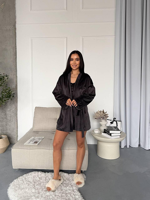 Женский повседневный домашний велюровый комплект тройка: халатик+майка+шорты Одесса - изображение 2