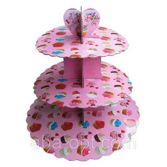 Стенд триярусний картонний круглий для капкейків коралового кольору (шт) Одеса