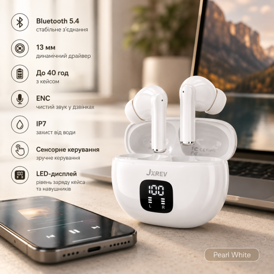 Jxrev J53 беспроводные наушники Bluetooth 5.4, 13 мм, 40 ч, ENC, IP7, LED-дисплей, сенсорное управление, Pearl White Киев