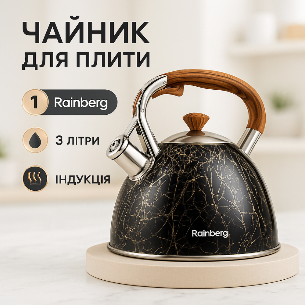 Чайник зі свистком для дому Rainberg RB-2311 3л, Металевий чайник зі свистком з нержавіючої сталі PT-39 Львів - фото 8