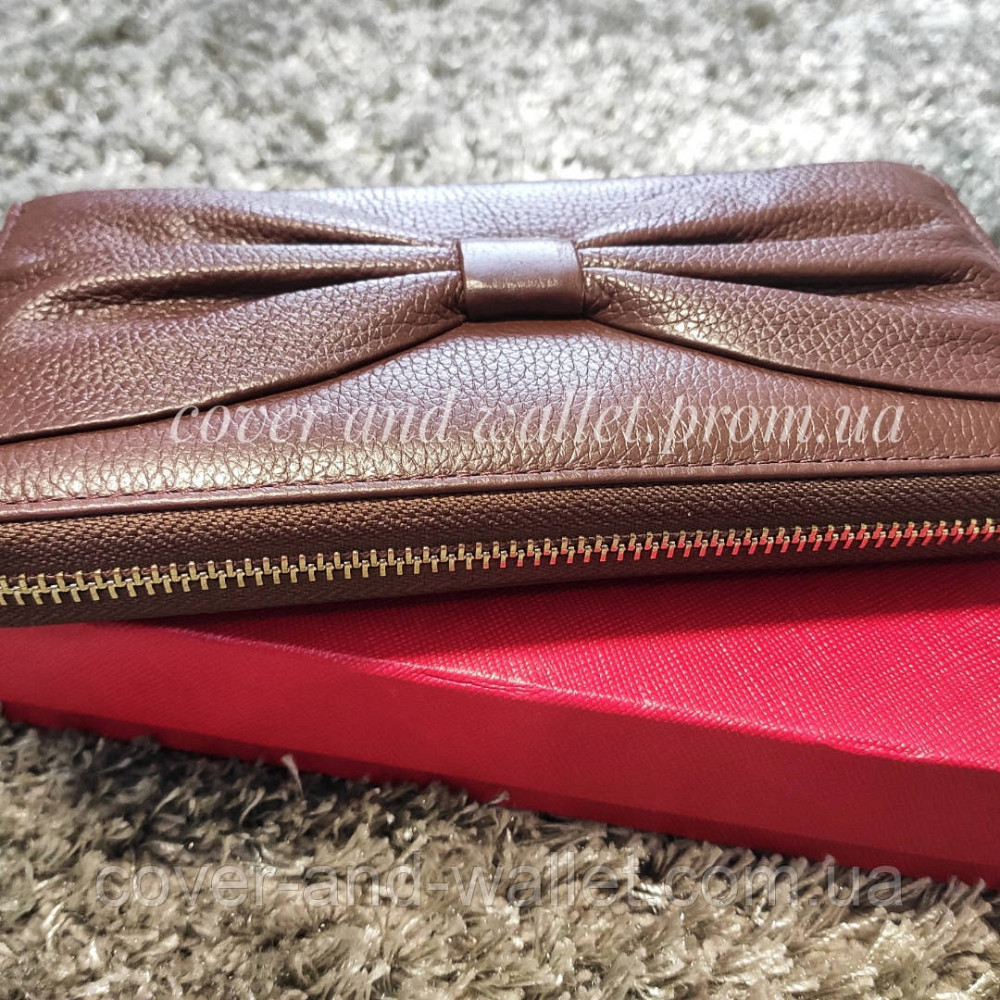 Коричневый женский кожаный кошелек клатч на молнии с бантом F.Salfeite Киев - изображение 5