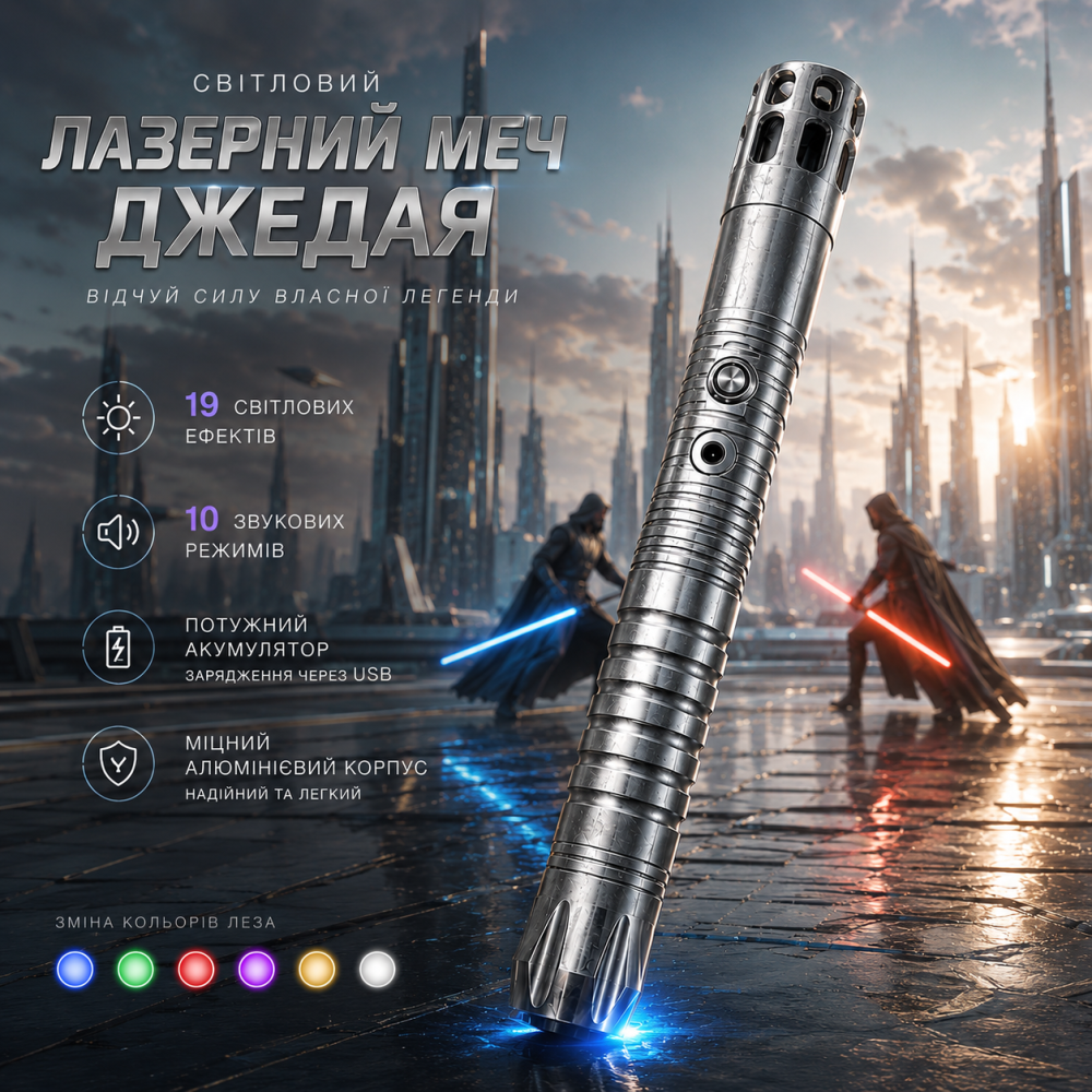 Световой меч Джедая 100 см: металлическая RGB рукоятка, 13 световых и 11 звуковых эффектов, аккумулятор 2000 mAh Киев - изображение 9