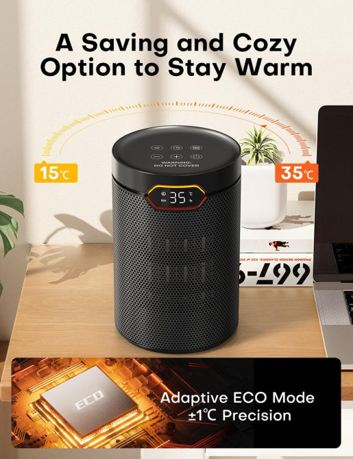 Керамический обогреватель QEXREED PTC 1500 Вт, ECO 15–35°C, 5 режимов, таймер 24 ч, 34 дБ, защита от опрокидывания Киев - изображение 5