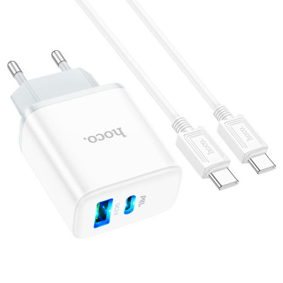 Зарядний пристрій HOCO C105A Stage 1xUSB-C PD20W + 1xUSB QC3.0 + cable USB-C to USB-C White (6931474782922) Вінниця - фото 1