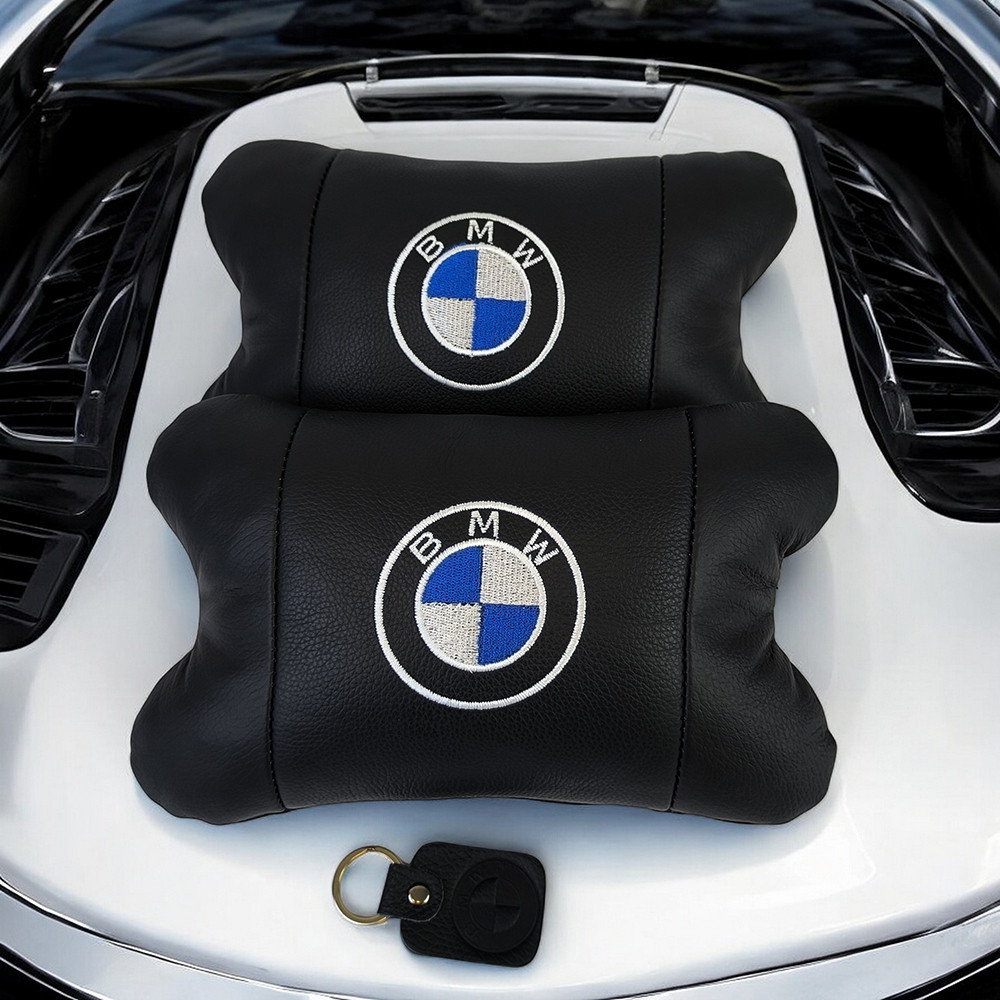 Набір автоподушок 2шт на підголівник BMW з натуральної шкіри чорні + брелок у подарунок Київ - фото 4