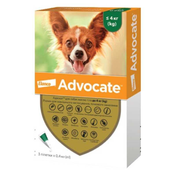 Краплі для собак до 4 кг проти бліх, кліщів, вошей, гельмінтів Bayer Elanco Advocate (Байєр Адвокат) 3 х 0.4 мл Запоріжжя