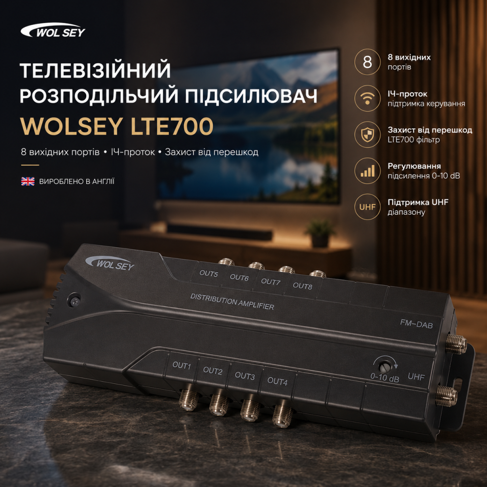 Телевізійний розподільний підсилювач Wolsey LTE700 на 8 вихідних портів з ІЧ-протоком та захистом від перешкод, Англія Київ - фото 6