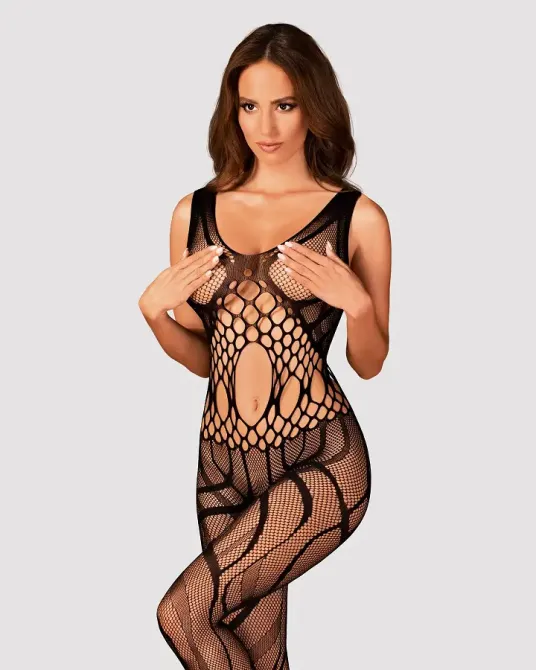 Сітчастий бодістокінг з вирізами та малюнком Obsessive Bodystocking G328 S/M/L, чорний, комбінезон Львів - фото 1