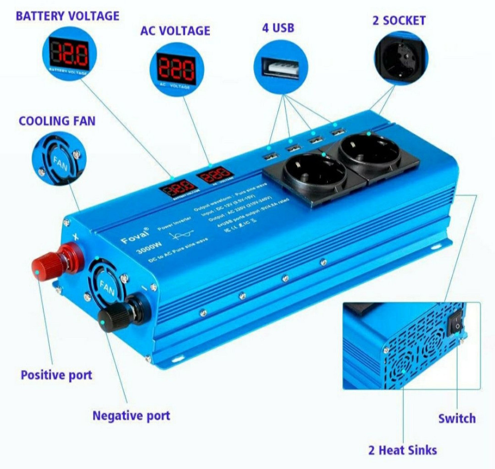 Инвертор Foval 12V-220V 3000W Чистый Синус | Автомобильный преобразователь напряжения 12В/220В 3 кВт Киев - изображение 3