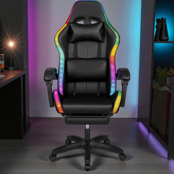 Компьютерное игровое геймерское кресло с подсветкой RGB, кресло для компьютера офисное черное прочное с подставкой для ног Львов - изображение 7