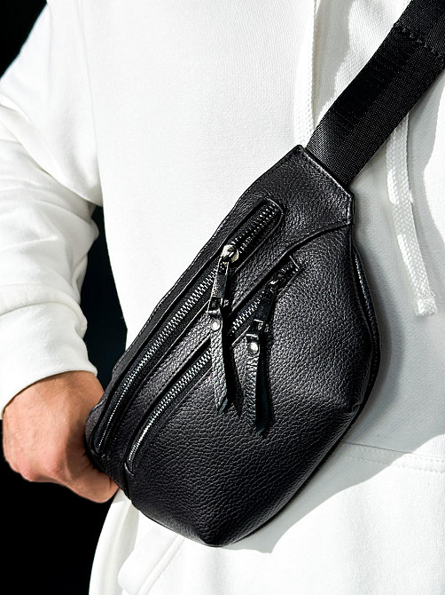 Бананка із натуральної шкіри, шкіряна сумка на пояс SKILL Two Line (Чорна) Суми - фото 1