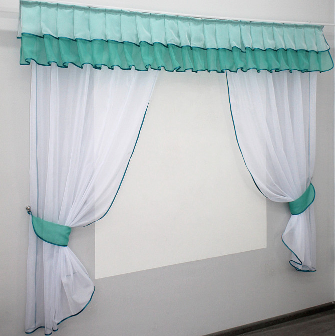 Кухонный комплект VR-Textil № 00к шторки с ламбрекеном белый с бирюзовым 200х170 см (59-818) Киев - изображение 1