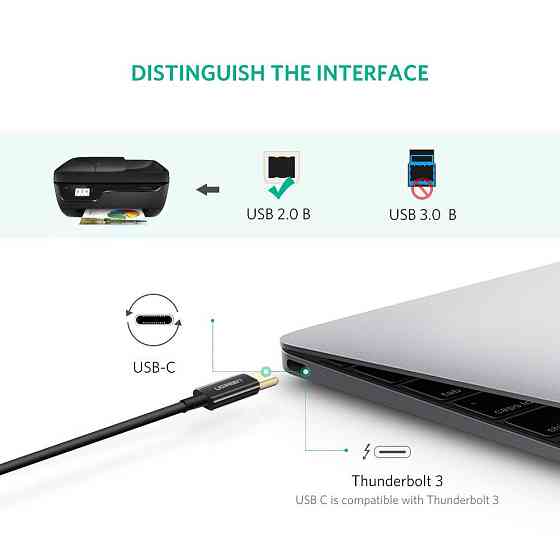 Кабель для принтера USB type С 2.0 - USB type B Ugreen US241 50446 (Черный, 2м) Николаев
