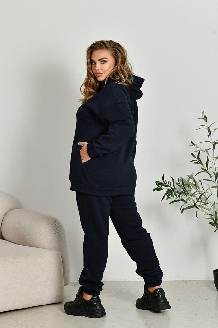 Женский прогулочный костюм: худи и штаны батал в спортивном стиле трехнитка на флисе Синий, 60/62 Одесса - изображение 4
