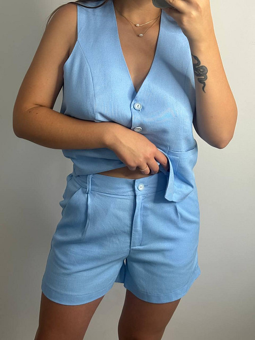 Лляний костюм-трійка в класичному стилі Блакитний XS-S Харків - фото 4