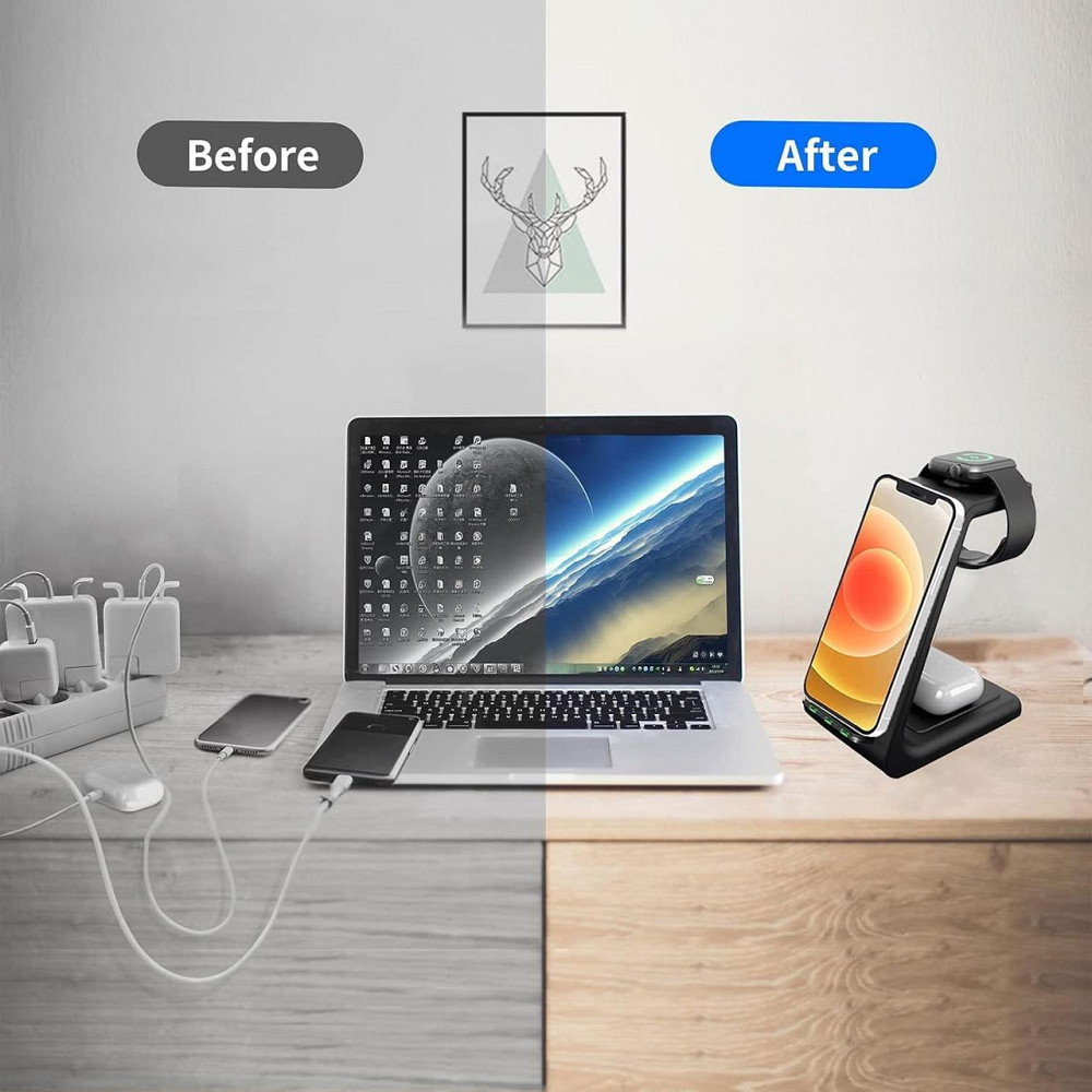 Бездротова зарядка стенд 3в1 Fast 15W iPhone+Apple Watch+AirPods Чорна Київ - фото 4