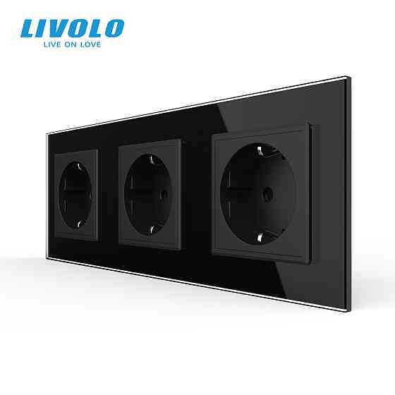 LIVOLO Потрійна електрична розетка з заземленням LIVOLO, чорна, скляна матова рамка, шторки, 25 Коломыя