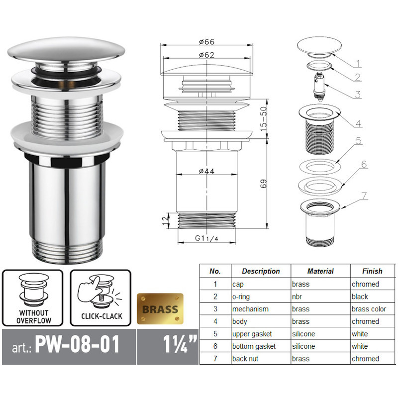 Донный клапан для раковины Koer PW-08-01 1 1/4'' без перелива автоматический СLICK-СLACK (Цвет хром) (KR5786) Киев - изображение 10