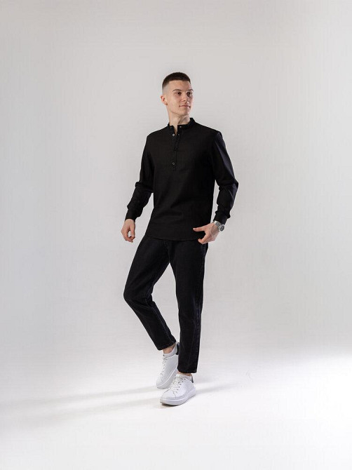 Черная мужская рубашка изо льна casual. Рубашка свободного кроя легкая черная Pobedov Exlnt Киев - изображение 6
